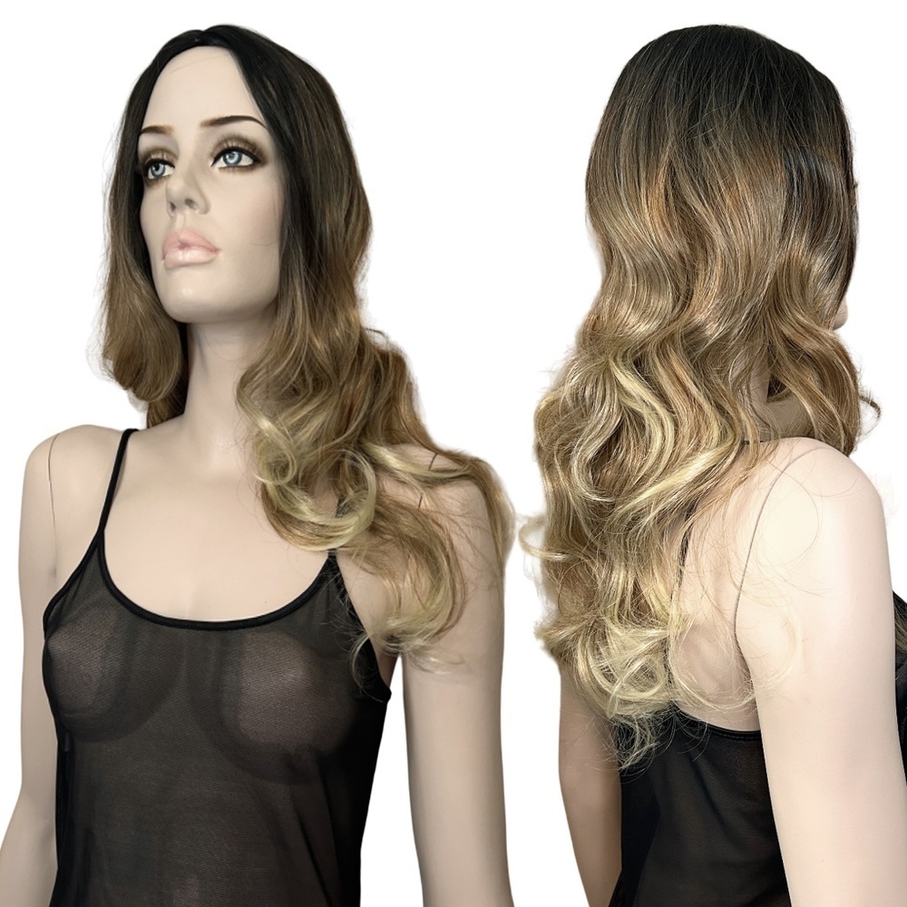 Long Curly Wig Perm Golden Blond and Dark Brown Cosplay No Bangs Synthetic NWOT